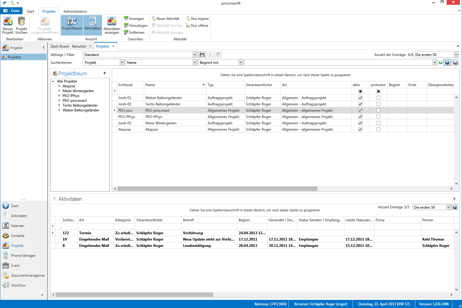 Kostengünstige Projektmanagement Software für KMU: Projekt und Aktivitätenübersicht