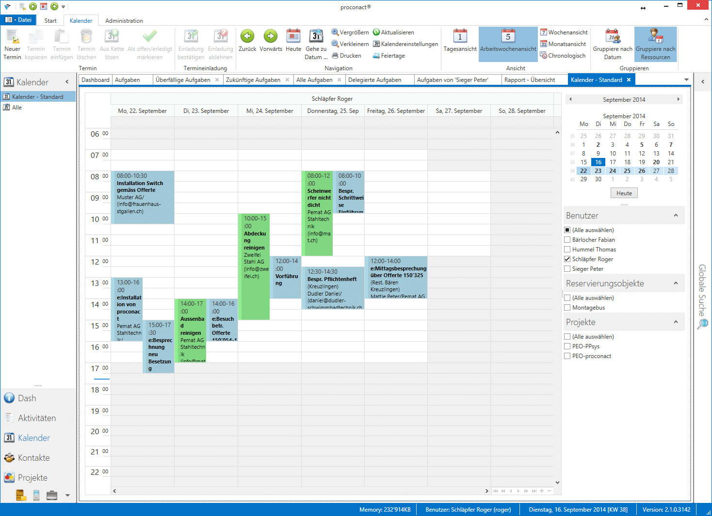 Kalender Rapport mit CRM proconact